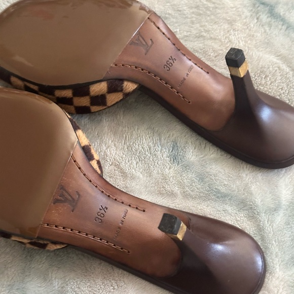 VINTAGE LOUIS VUITTON DAMIER EBENE PONY HAIR MULE SLIDE HEELS SIZE 6.5 - Picture 7 of 10